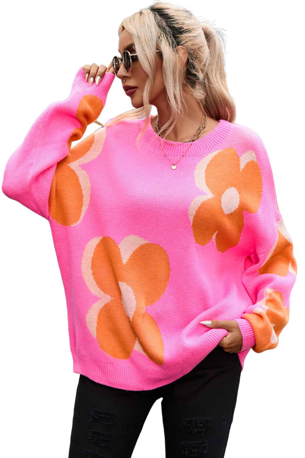 Red flower pattern slouchy sweater by ModestAndDevoted, cozy knit with vibrant floral design, perfect for casual wear.