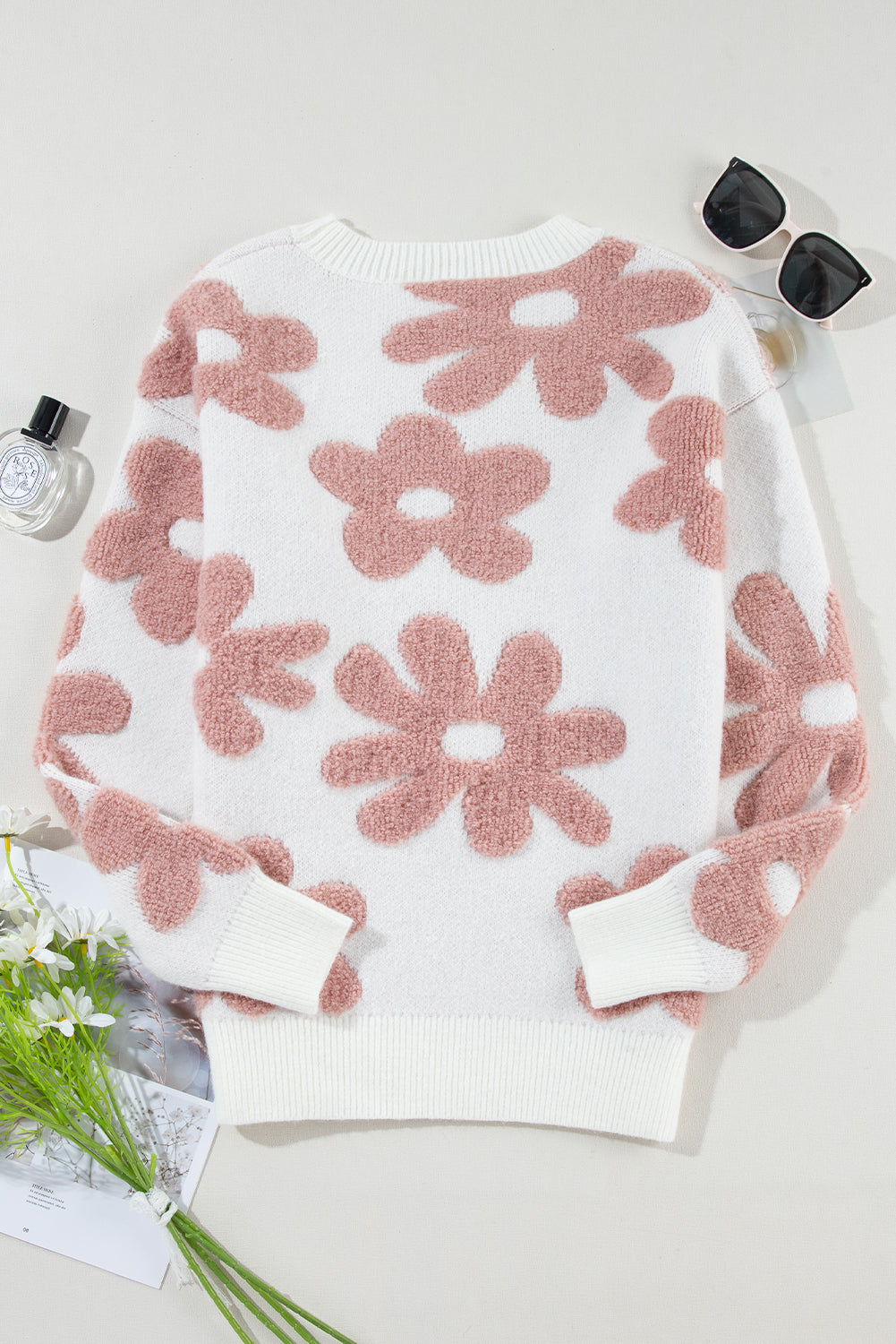 White textured flower drop shoulder loose sweater by ModestAndDevoted, featuring a soft knit fabric and relaxed fit.