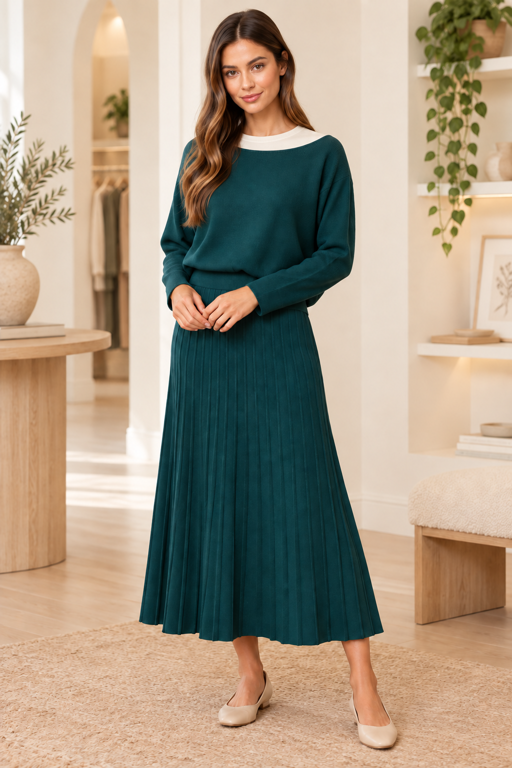 Forest teal high-waisted pleated midi skirt from ModestAndDevoted, styled with a ribbed sweater featuring boat neck and dolman sleeves.