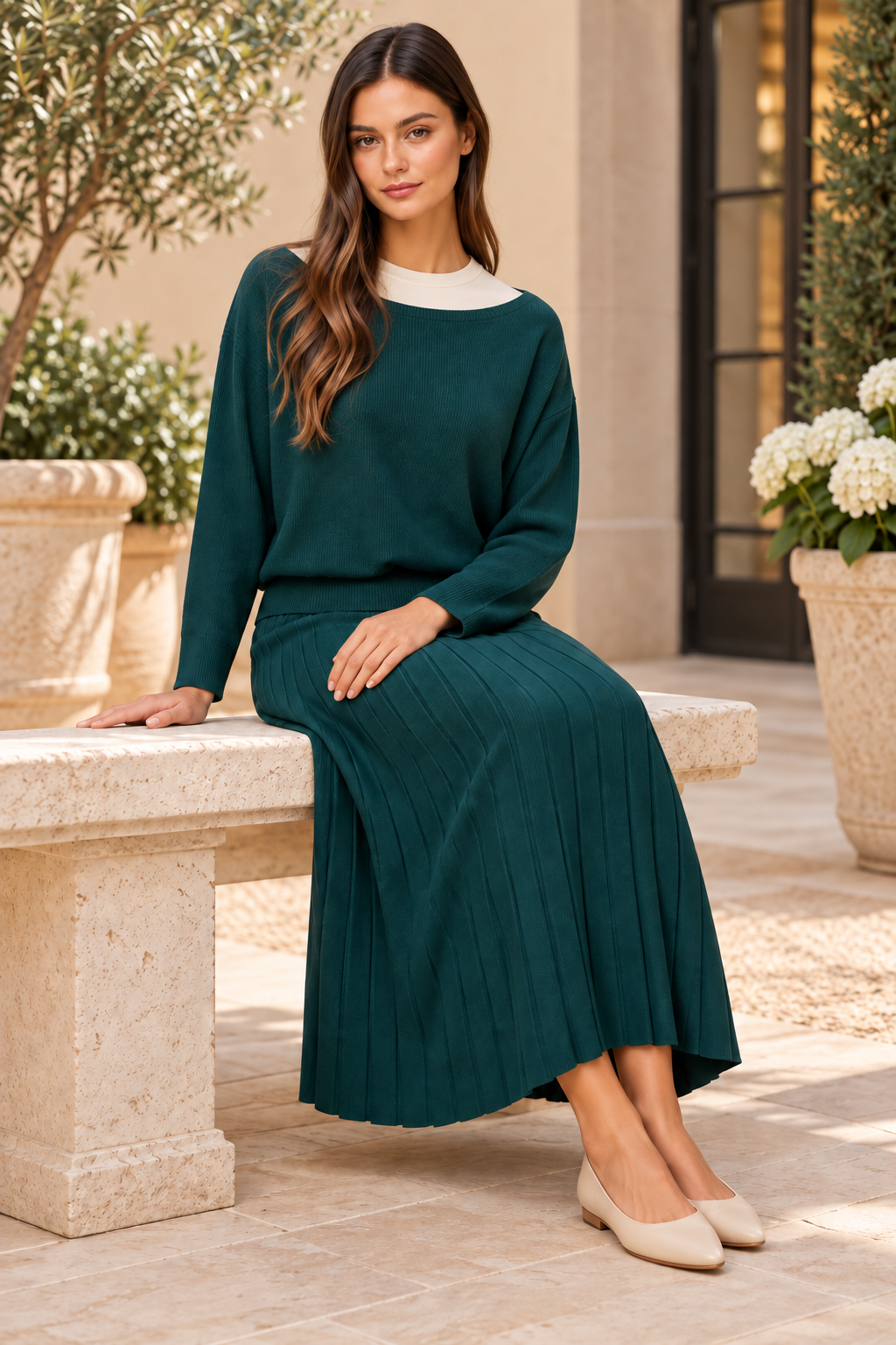 Forest teal high-waisted pleated midi skirt from ModestAndDevoted, styled with a boat neck ribbed sweater.
