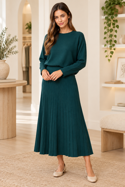 Forest teal boat neck dolman sleeve ribbed sweater by ModestAndDevoted, shown as a stylish, cozy top with a relaxed fit.