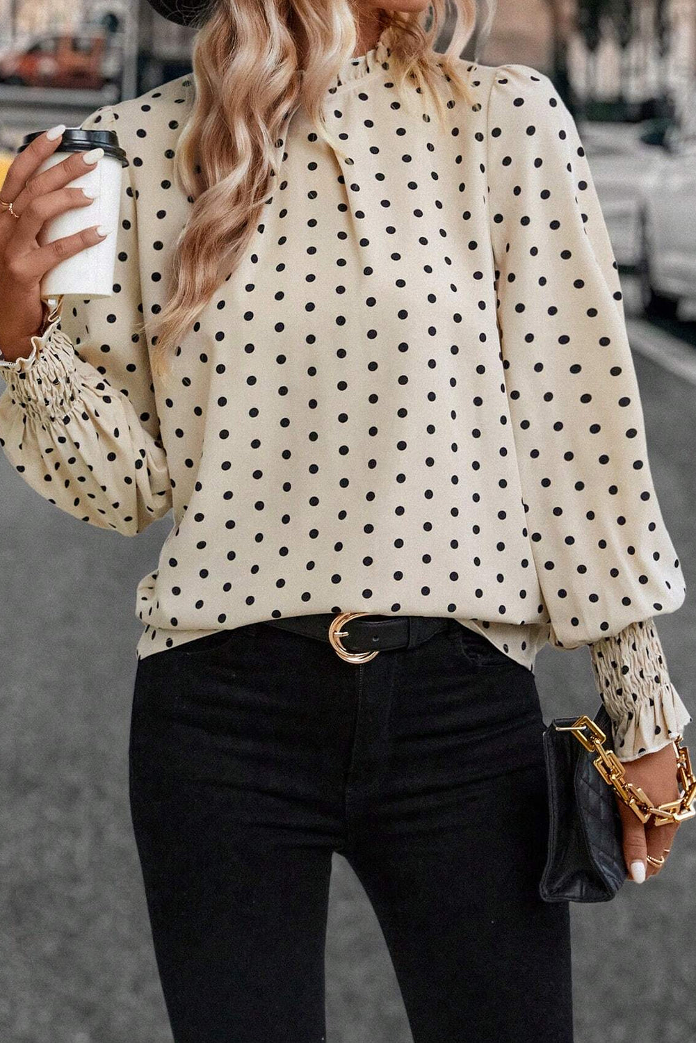 Apricot polka dot print blouse with frilled collar and lantern sleeves from ModestAndDevoted, made of lightweight polyester.