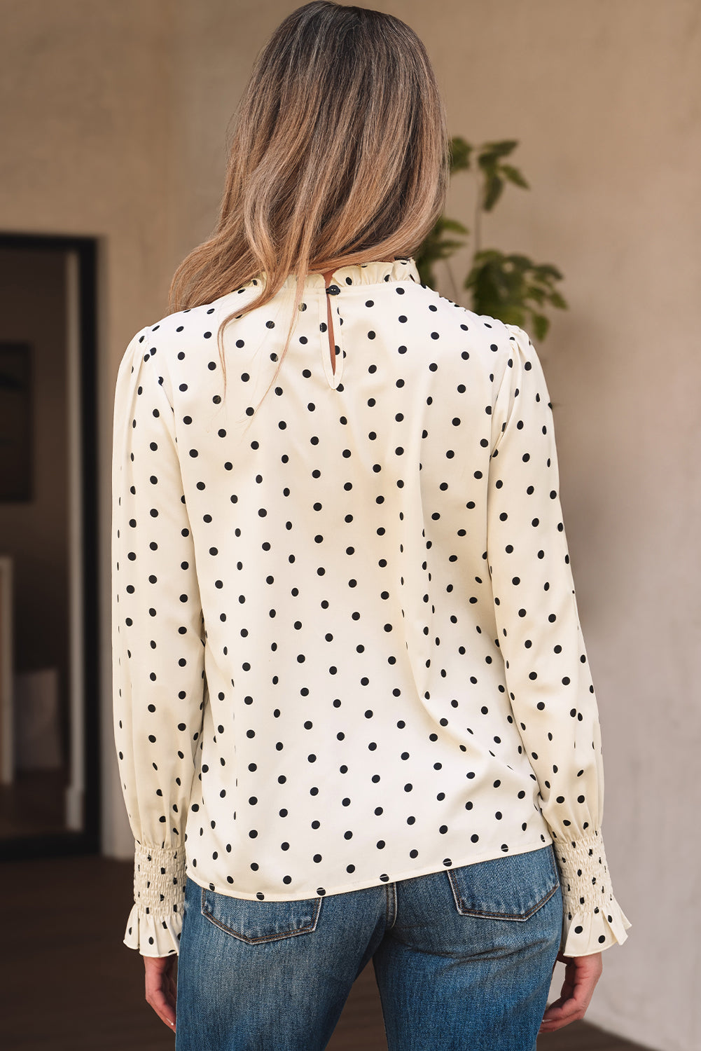 Apricot polka dot print blouse with frilled collar and lantern sleeves, by ModestAndDevoted, made of polyester.