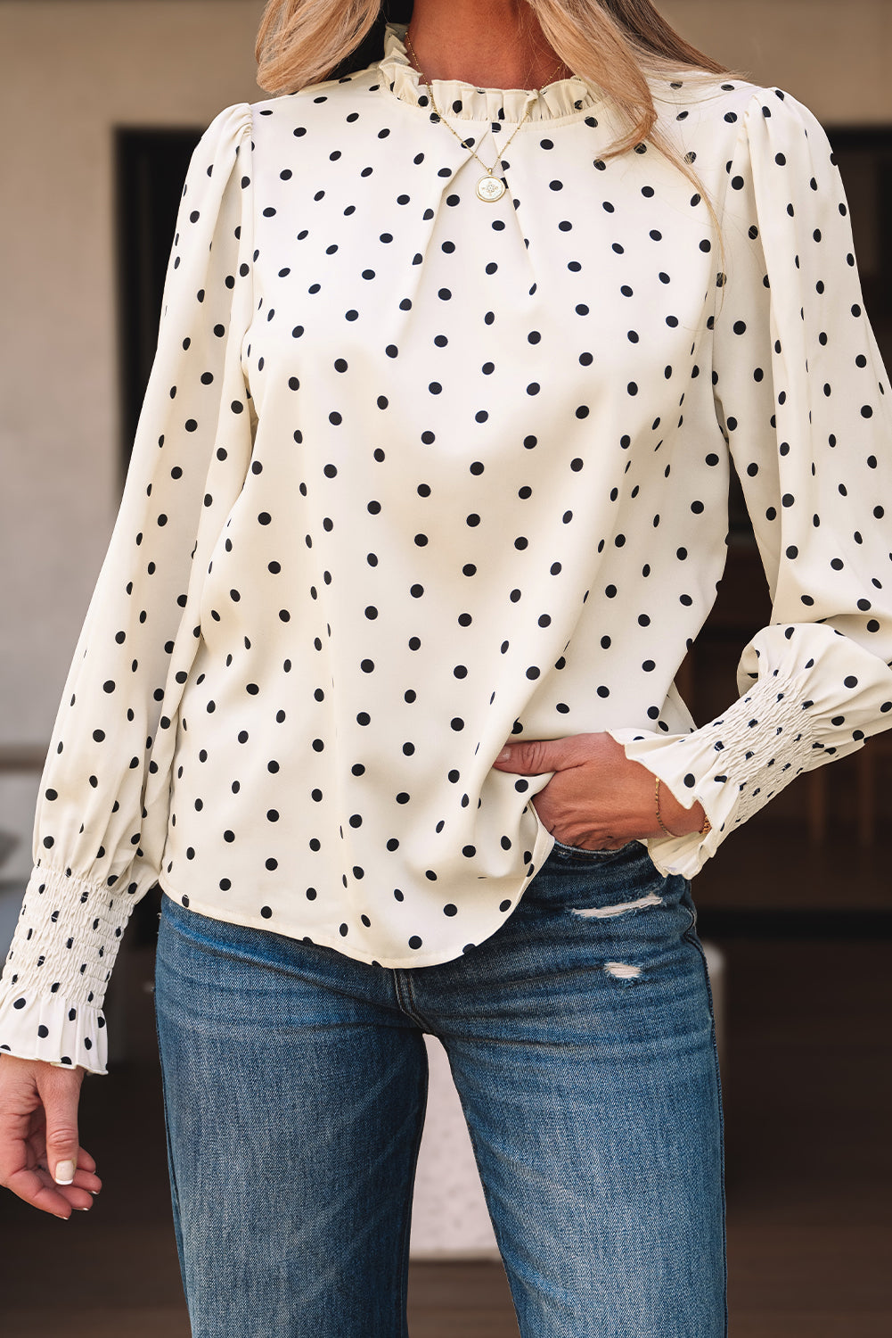 Apricot polka dot print blouse with frilled collar and lantern sleeves, by ModestAndDevoted, made of polyester.