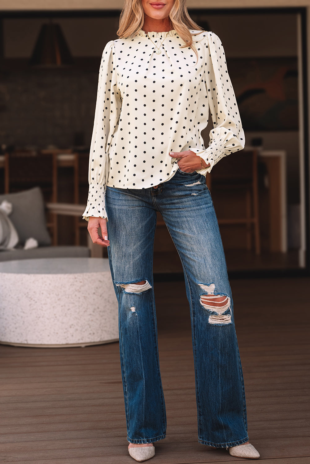 Apricot polka dot print blouse with frilled collar and lantern sleeves by ModestAndDevoted, made of polyester, stylish and feminine.