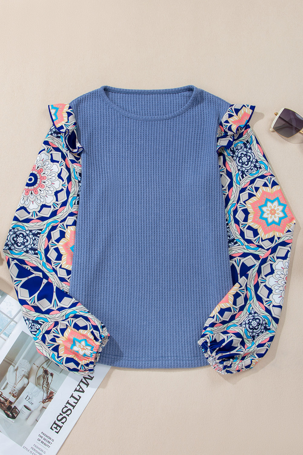 Ashleigh Blue Ruffled Floral Sleeve Patchwork Waffle Knit O Neck Blouse by ModestAndDevoted, featuring floral ruffles and patchwork design.