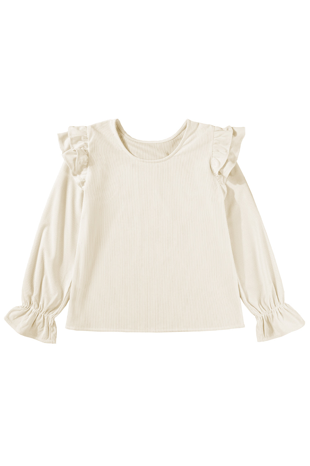 Beige corduroy blouse with ruffled flounce sleeves, casual top from ModestAndDevoted, perfect for stylish everyday wear.