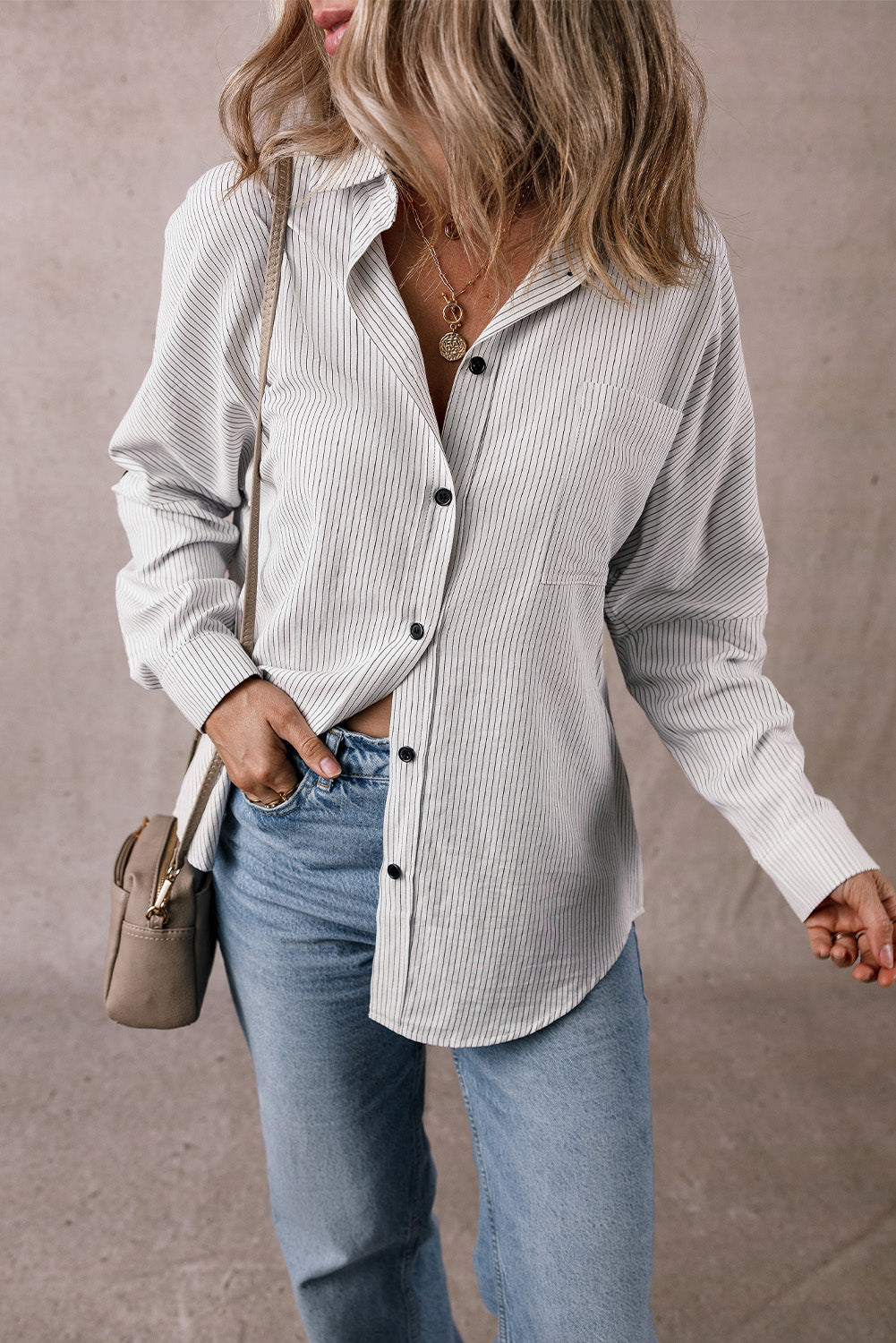 Black stripe roll-tab sleeve long shirt with pockets by ModestAndDevoted, made of polyester and cotton, perfect for casual wear.