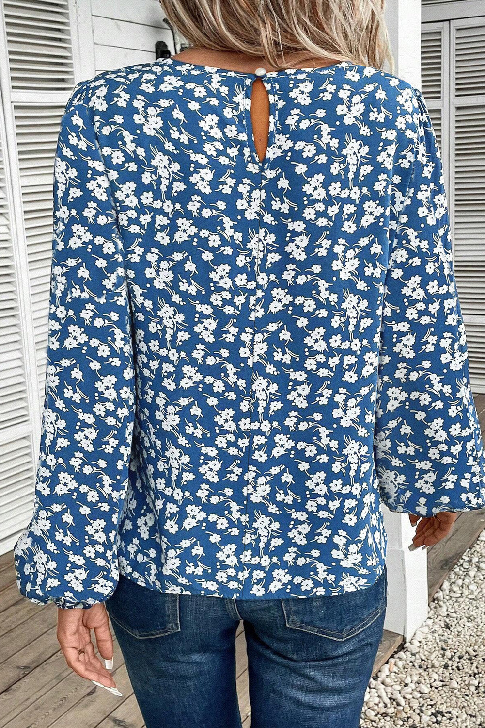 Blue Ditsy Floral Print Lantern Sleeve Blouse from ModestAndDevoted, featuring a lightweight polyester fabric and floral design.
