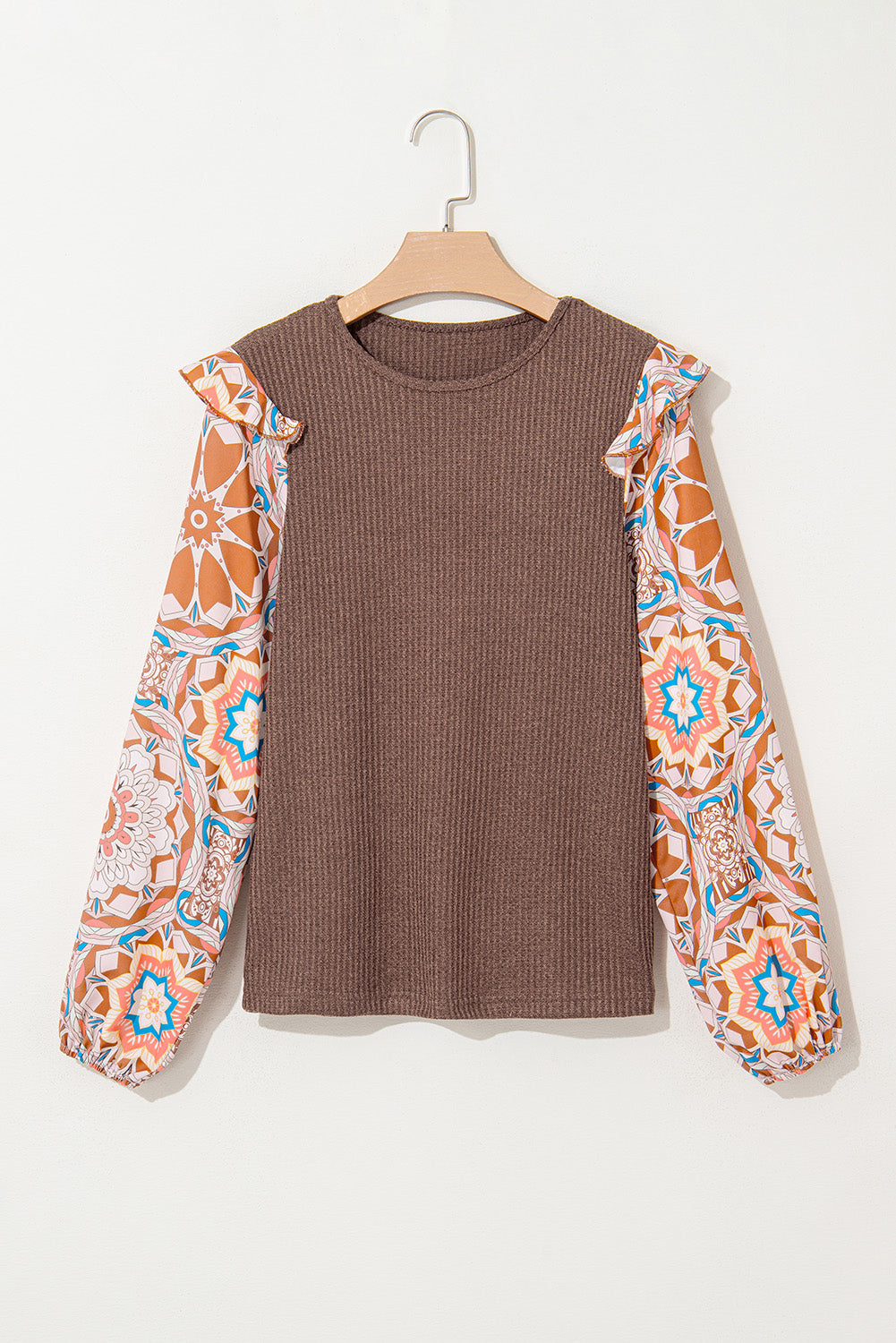 ModestAndDevoted coffee-colored waffle knit blouse with ruffled floral sleeves and patchwork design, O-neck style for casual wear.
