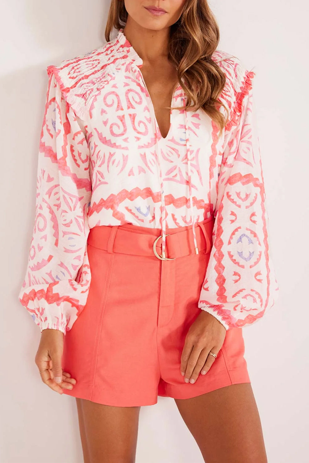 Desert Flower vintage print blouse with smocked poet collar and billowy blouson sleeves, from ModestAndDevoted.