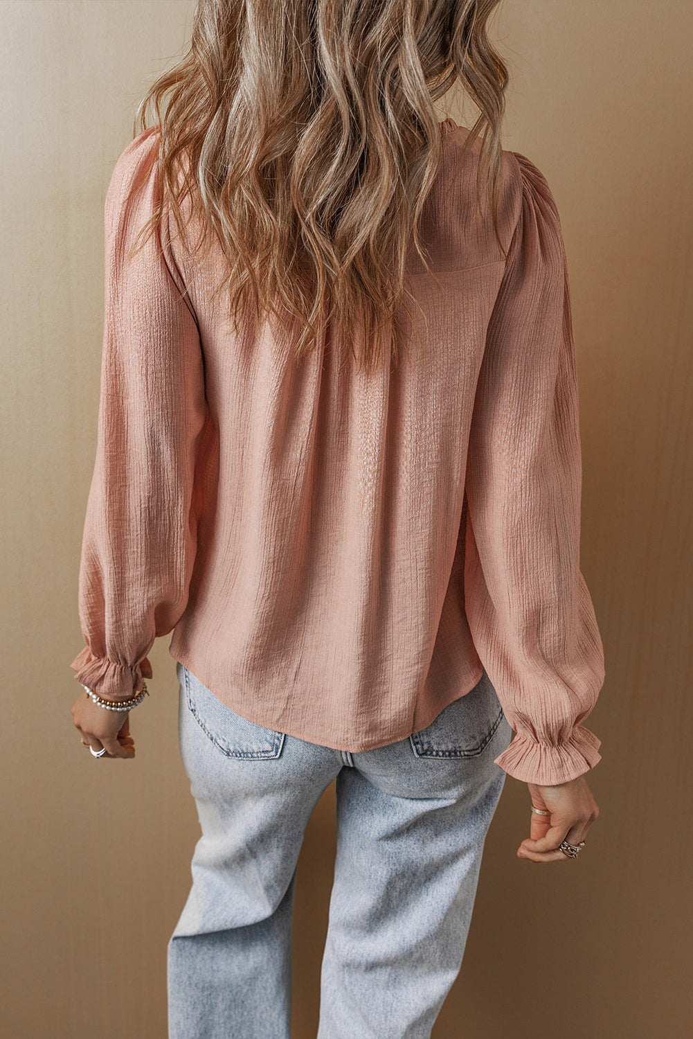 Gossamer pink floral embroidered textured blouse with flounce sleeves, elegant top from ModestAndDevoted in soft viscose blend.
