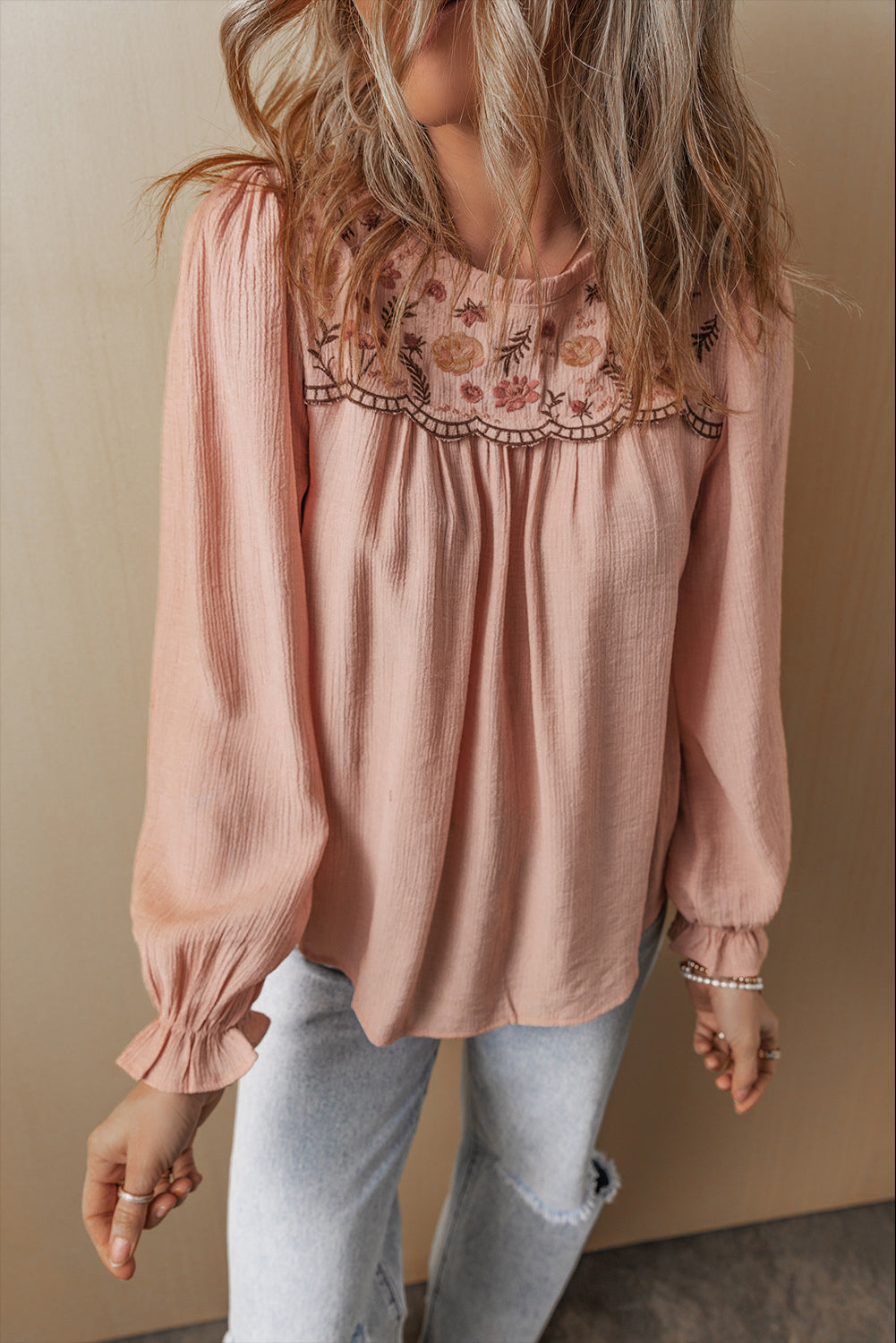 Gossamer pink floral embroidered blouse with textured fabric and flounce sleeves, elegant top by ModestAndDevoted.