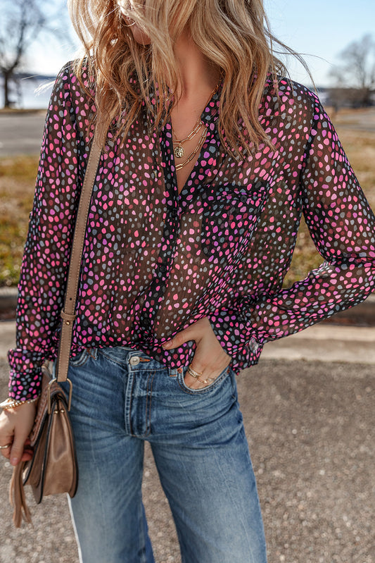 Grape wine polka dot printed casual shirt from ModestAndDevoted, buttoned blouse made of polyester, featuring a relaxed fit.