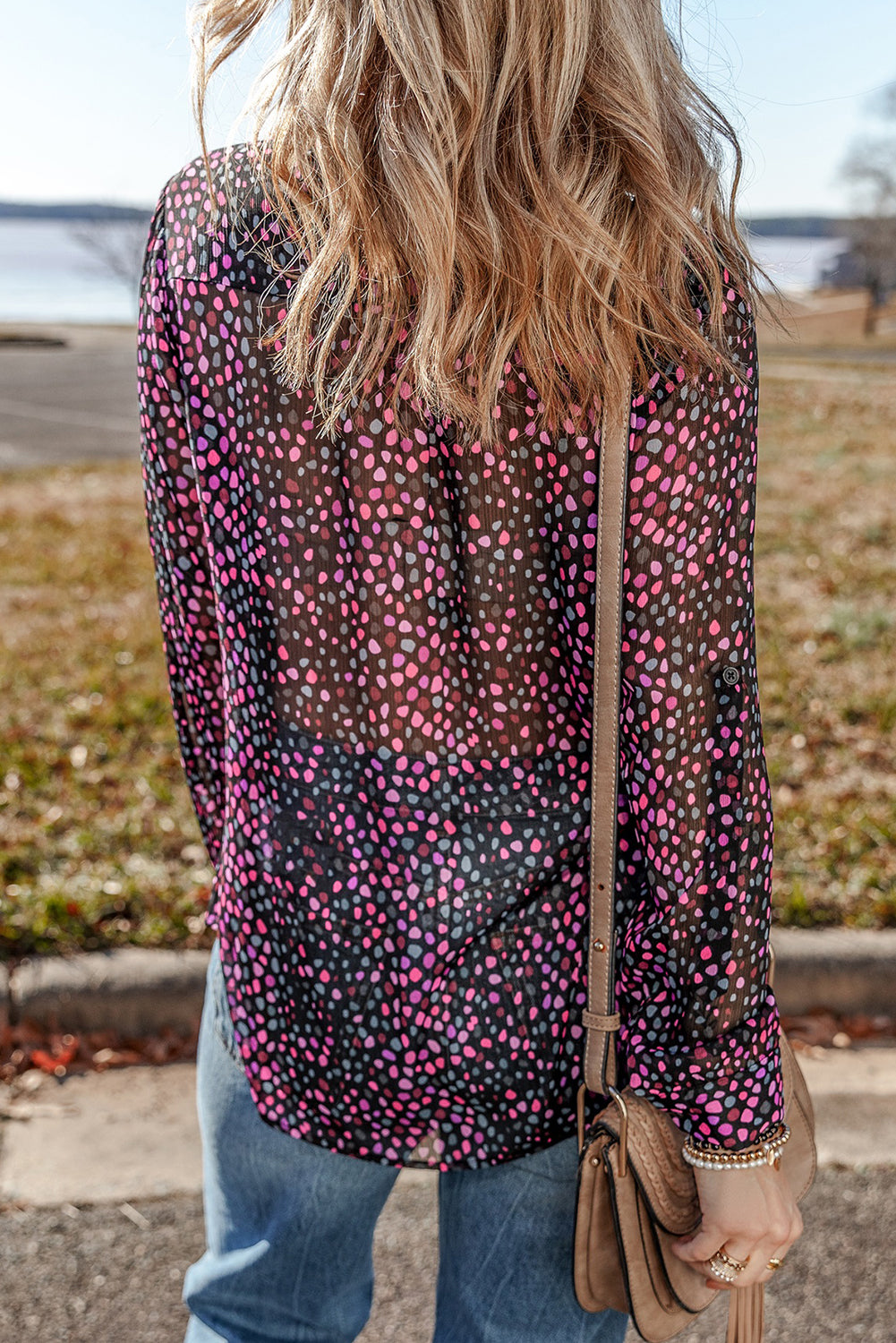 Grape wine polka dot printed casual buttoned shirt from ModestAndDevoted, made of polyester, perfect for relaxed everyday wear.
