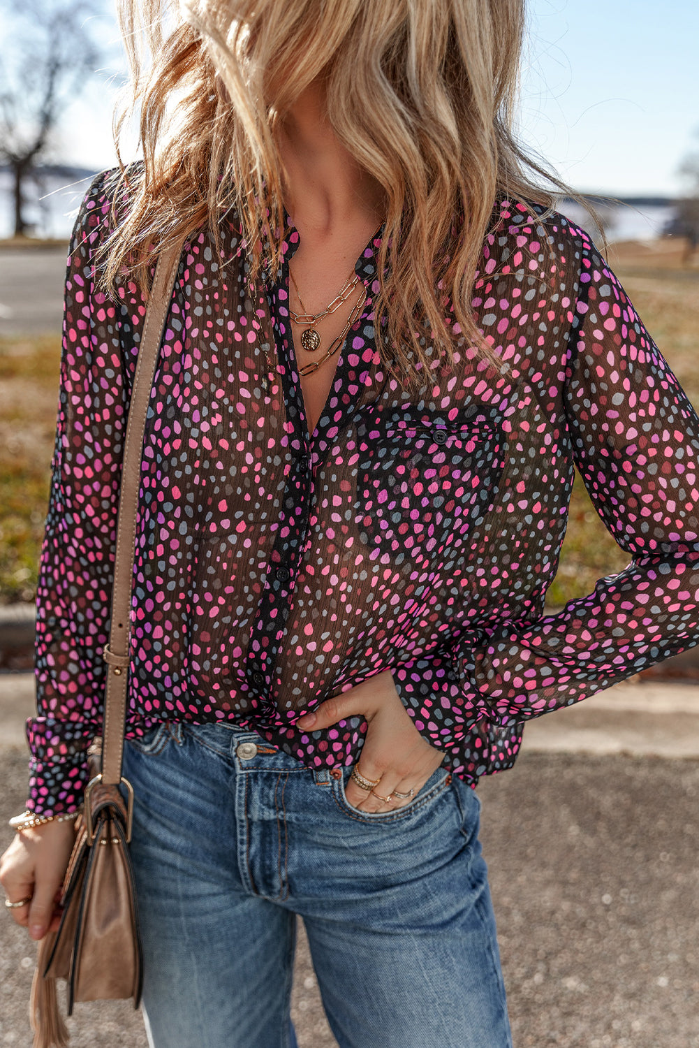 Grape wine polka dot printed casual buttoned shirt from ModestAndDevoted, made of polyester, shown on a hanger.