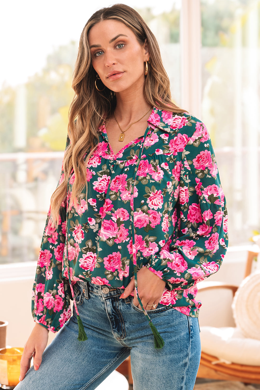 Green floral printed blouse with tied collar and puff sleeves by ModestAndDevoted, made from polyester, perfect for casual or dressy wear.