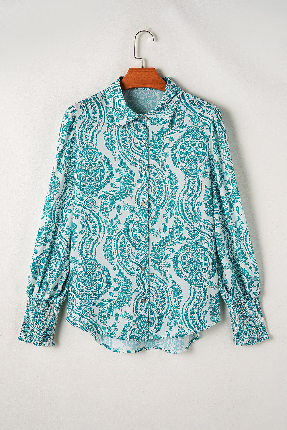 Green paisley print smocked cuff buttoned loose shirt from ModestAndDevoted, featuring a relaxed fit and stylish design.