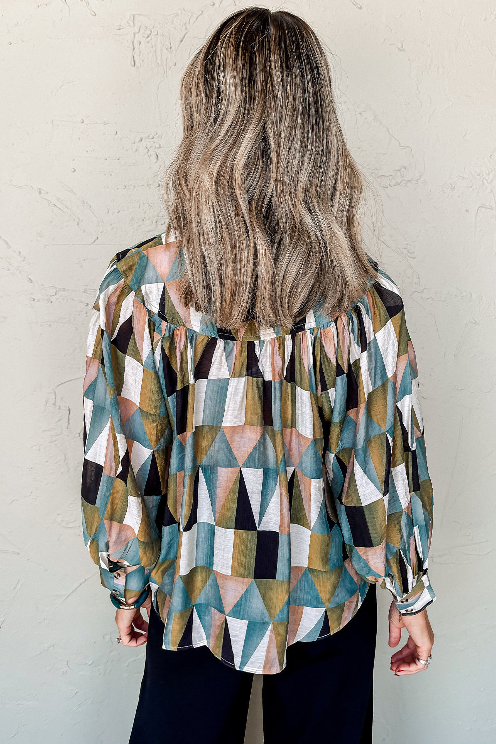 Green geometric print blouse with balloon sleeves and button details, loose fit top from ModestAndDevoted.