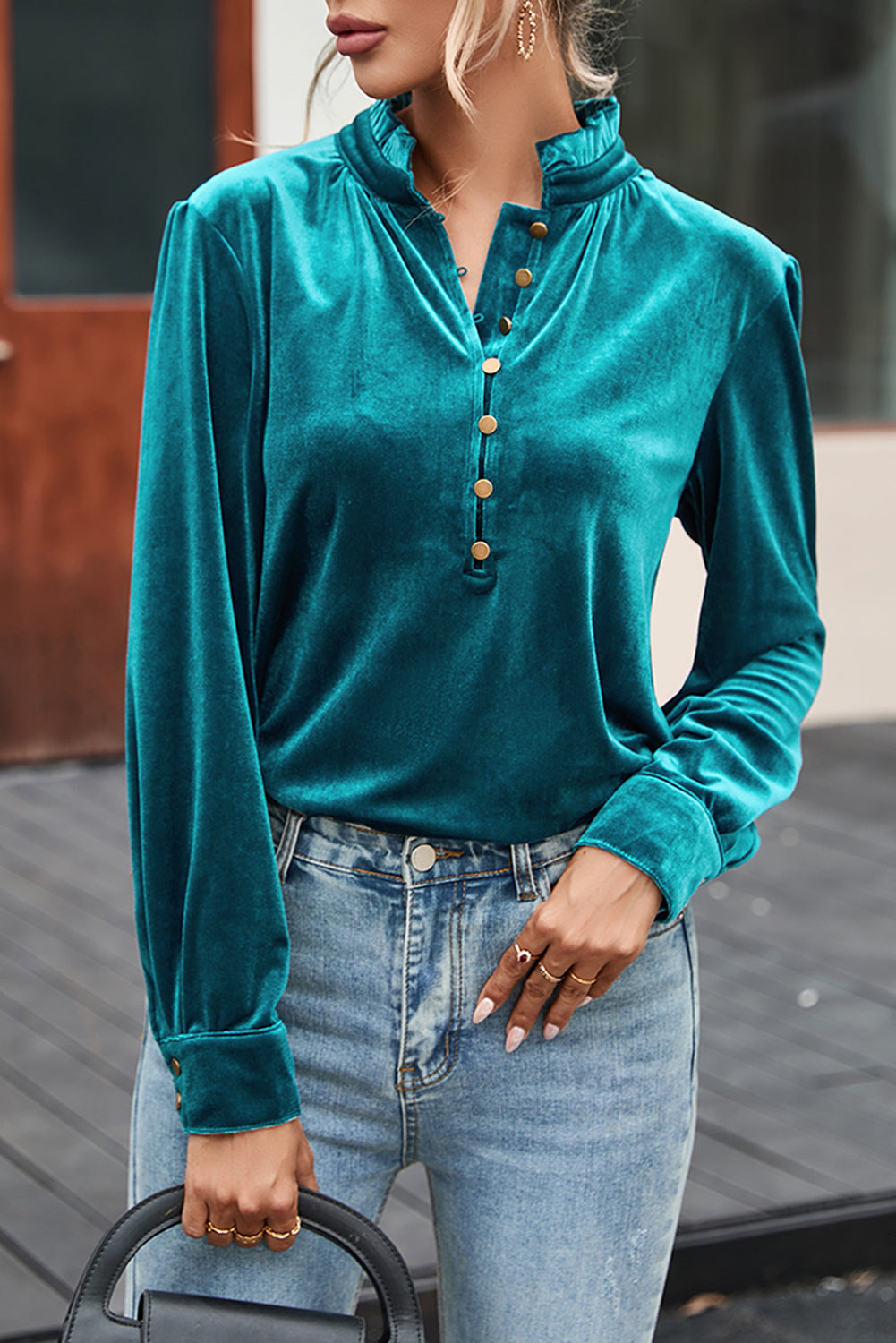 Green velvet top with frilled neckline and buttoned front, by ModestAndDevoted, featuring a stylish blouse design.