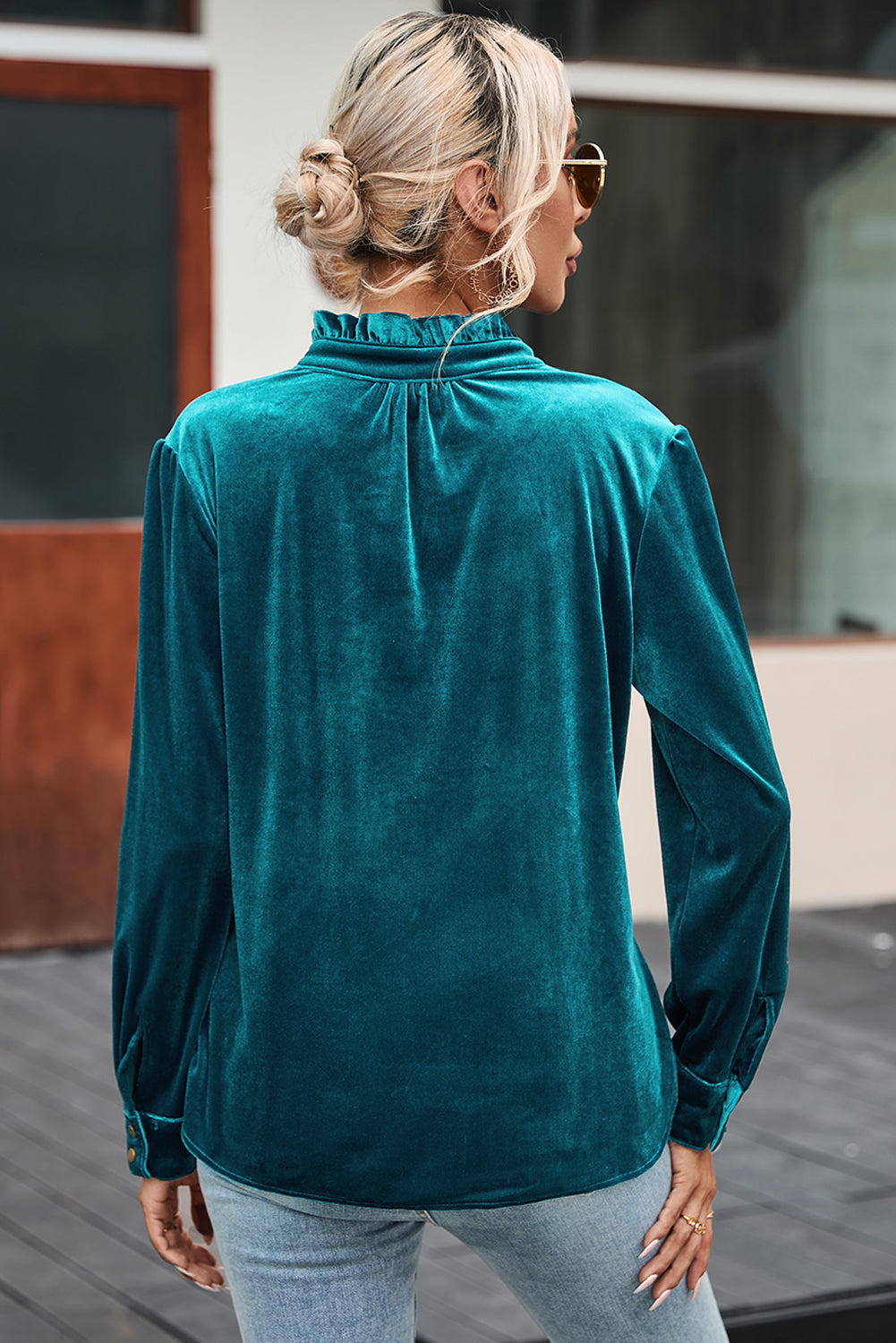Green velvet top with frilled neckline and button front from ModestAndDevoted, stylish blouse in polyester and elastane fabric.
