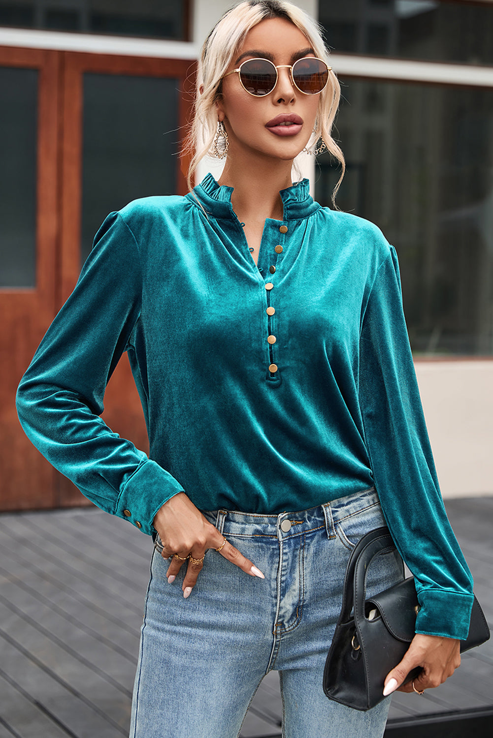 Green velvet top with frilled neckline and buttoned front, by ModestAndDevoted, featuring polyester and elastane for a stylish blouse.