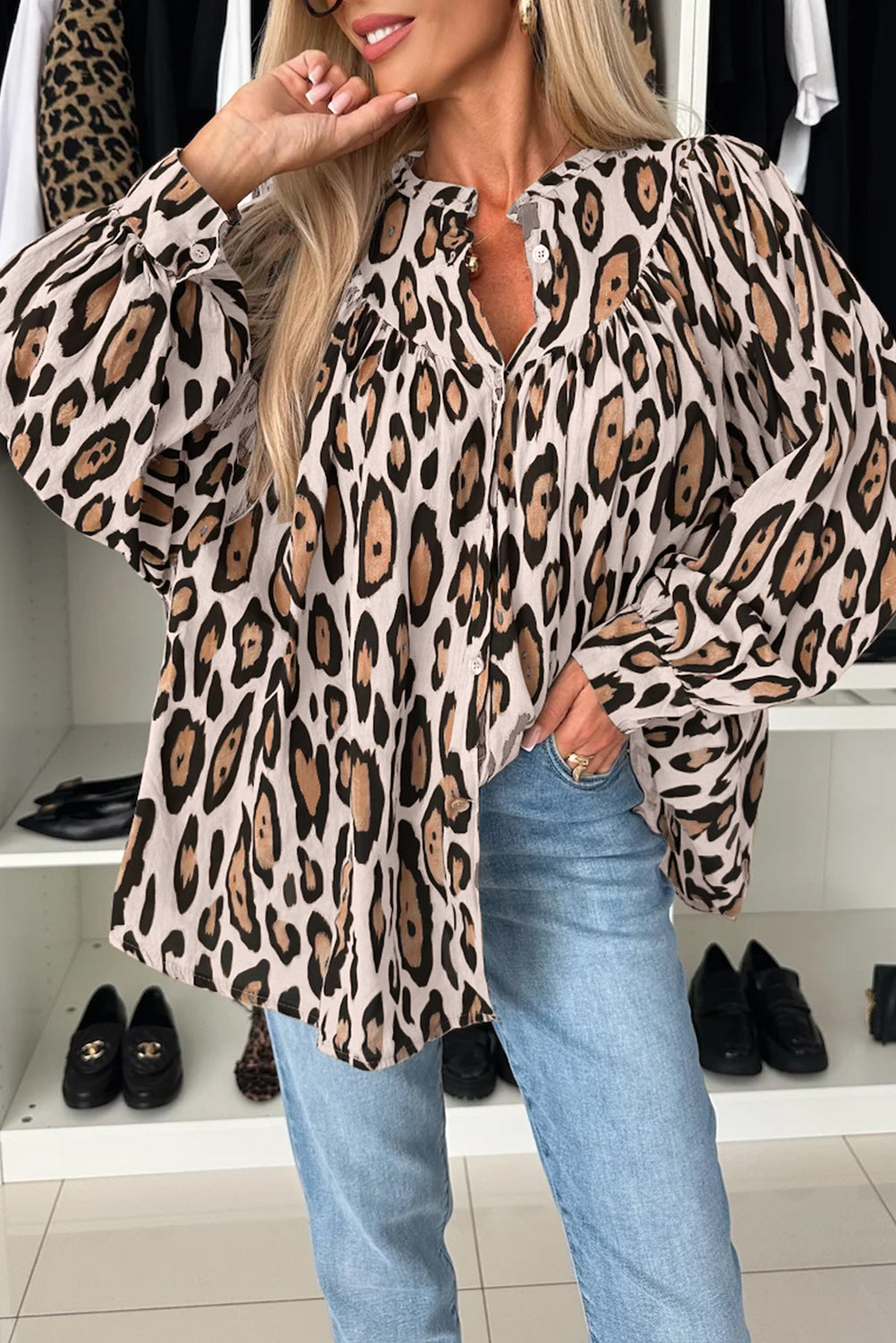 ModestAndDevoted Jet Stream oversized leopard print casual shirt with balloon sleeves, made of 100% polyester, featuring a relaxed fit.