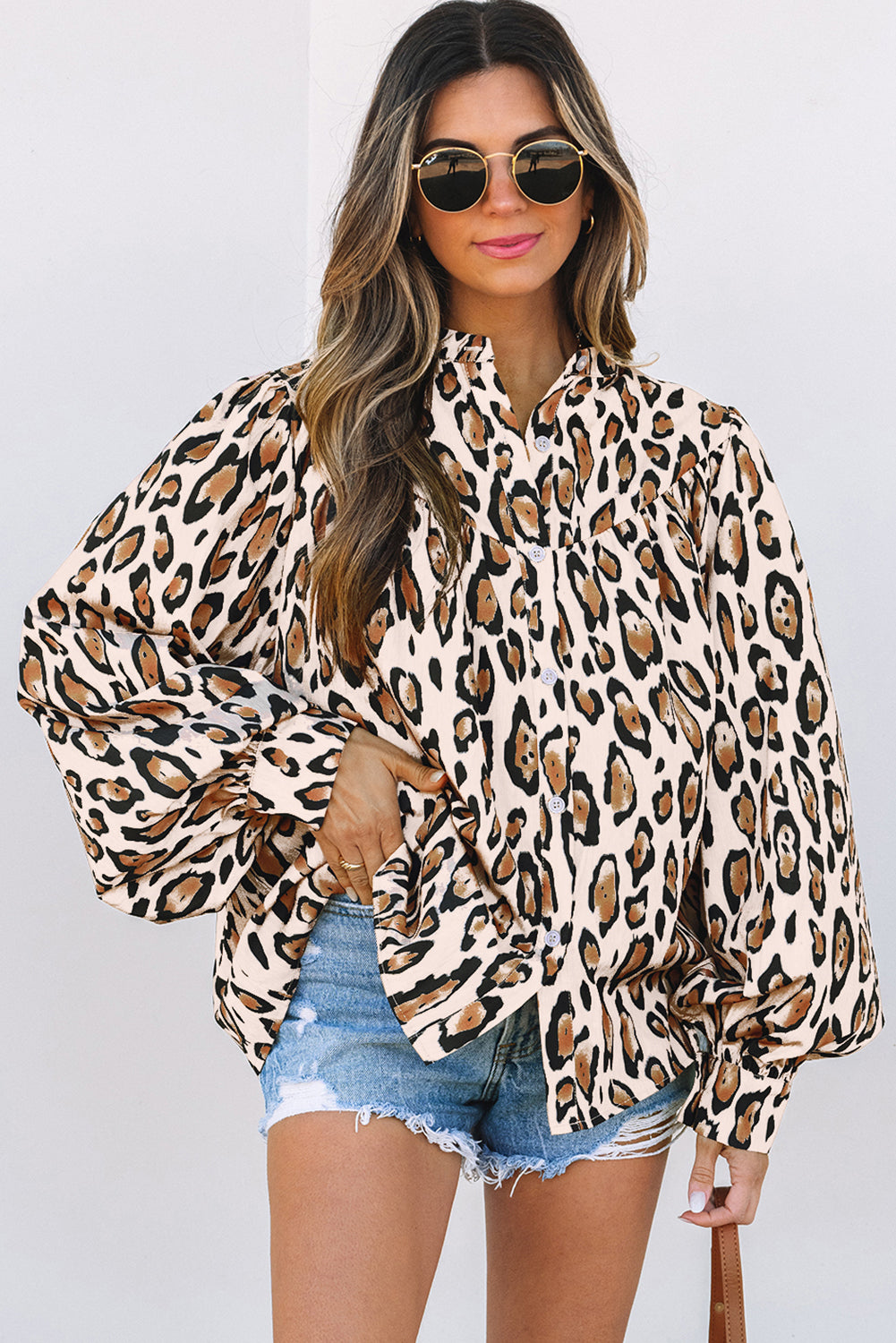 ModestAndDevoted Jet Stream oversized leopard print casual shirt with balloon sleeves, made of polyester, perfect for trendy, relaxed style.