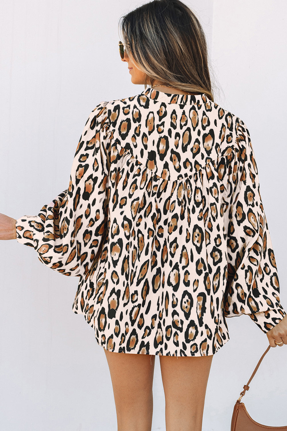 ModestAndDevoted Jet Stream oversized leopard print casual shirt with balloon sleeves, made of polyester, relaxed fit top.