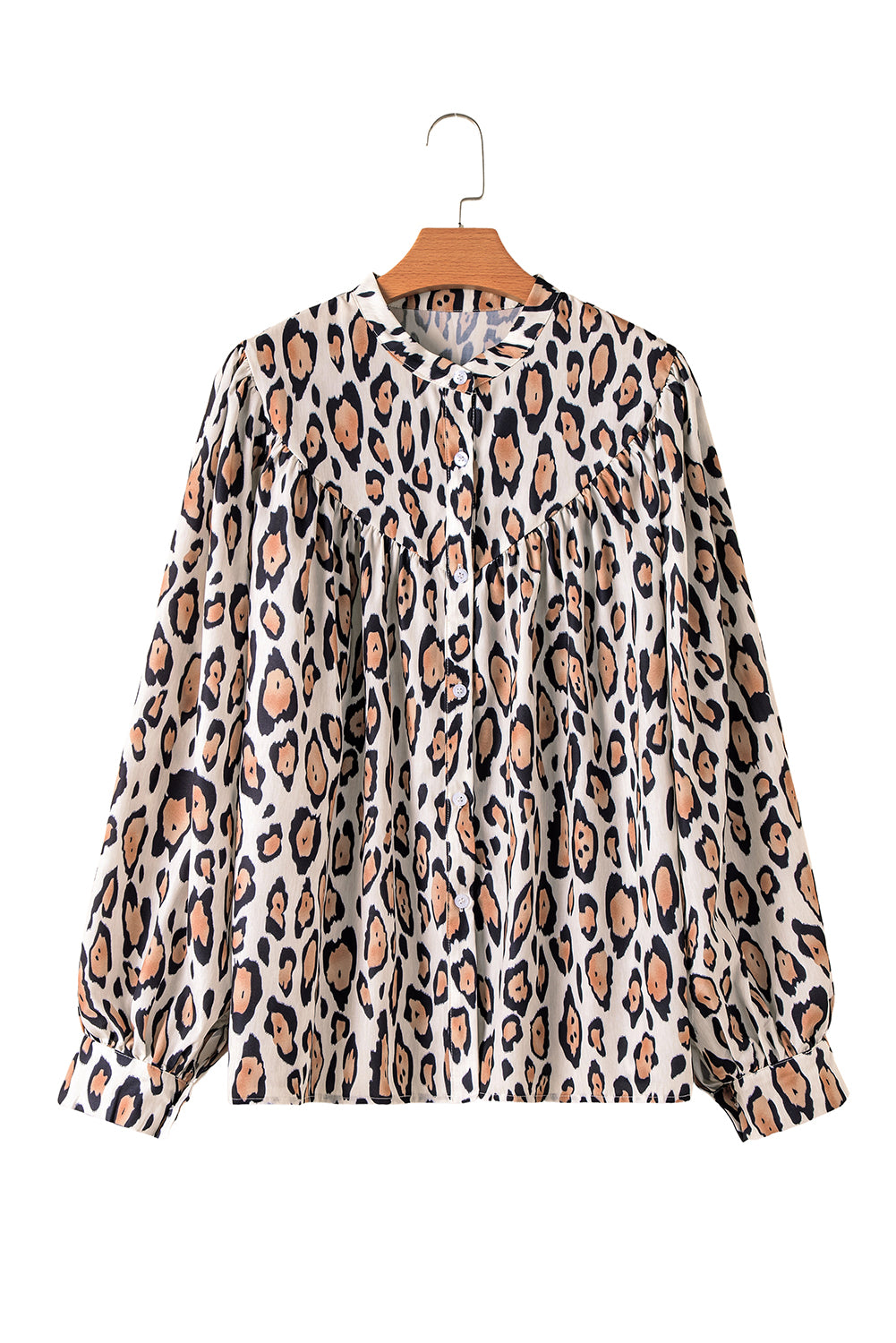 ModestAndDevoted Jet Stream oversized leopard print casual shirt with balloon sleeves, made of 100% polyester, stylish and comfortable.