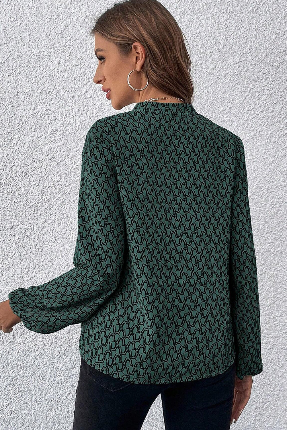 Khaki geometric print puff sleeve blouse with notched neck from ModestAndDevoted, made of polyester.