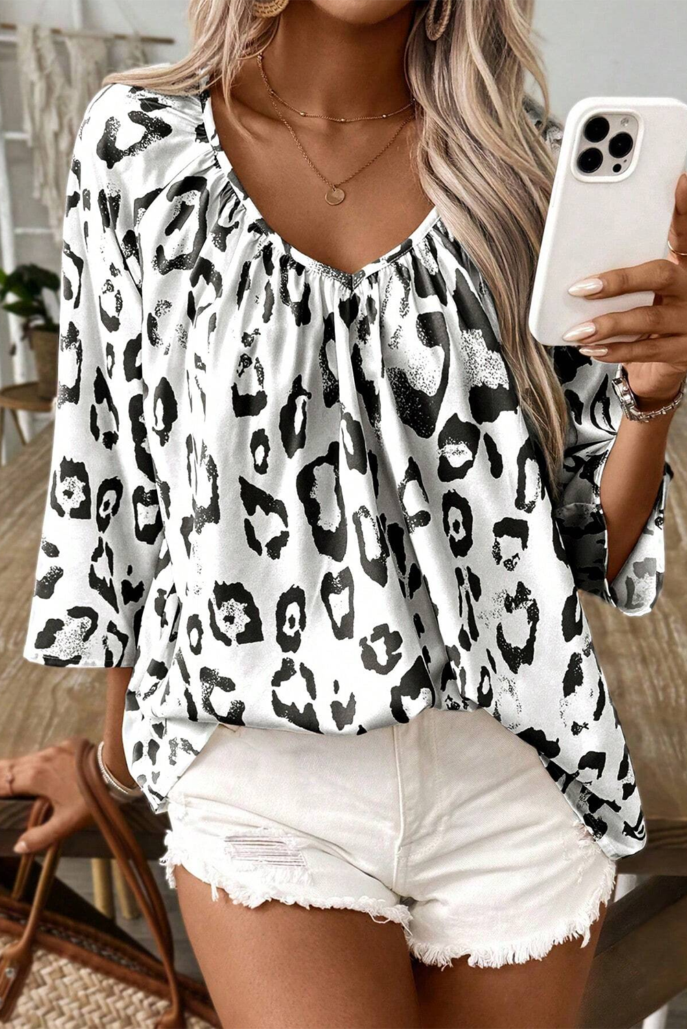 Khaki leopard print ruching V-neck blouse with 3/4 sleeves from ModestAndDevoted, made of polyester, stylish and comfortable.