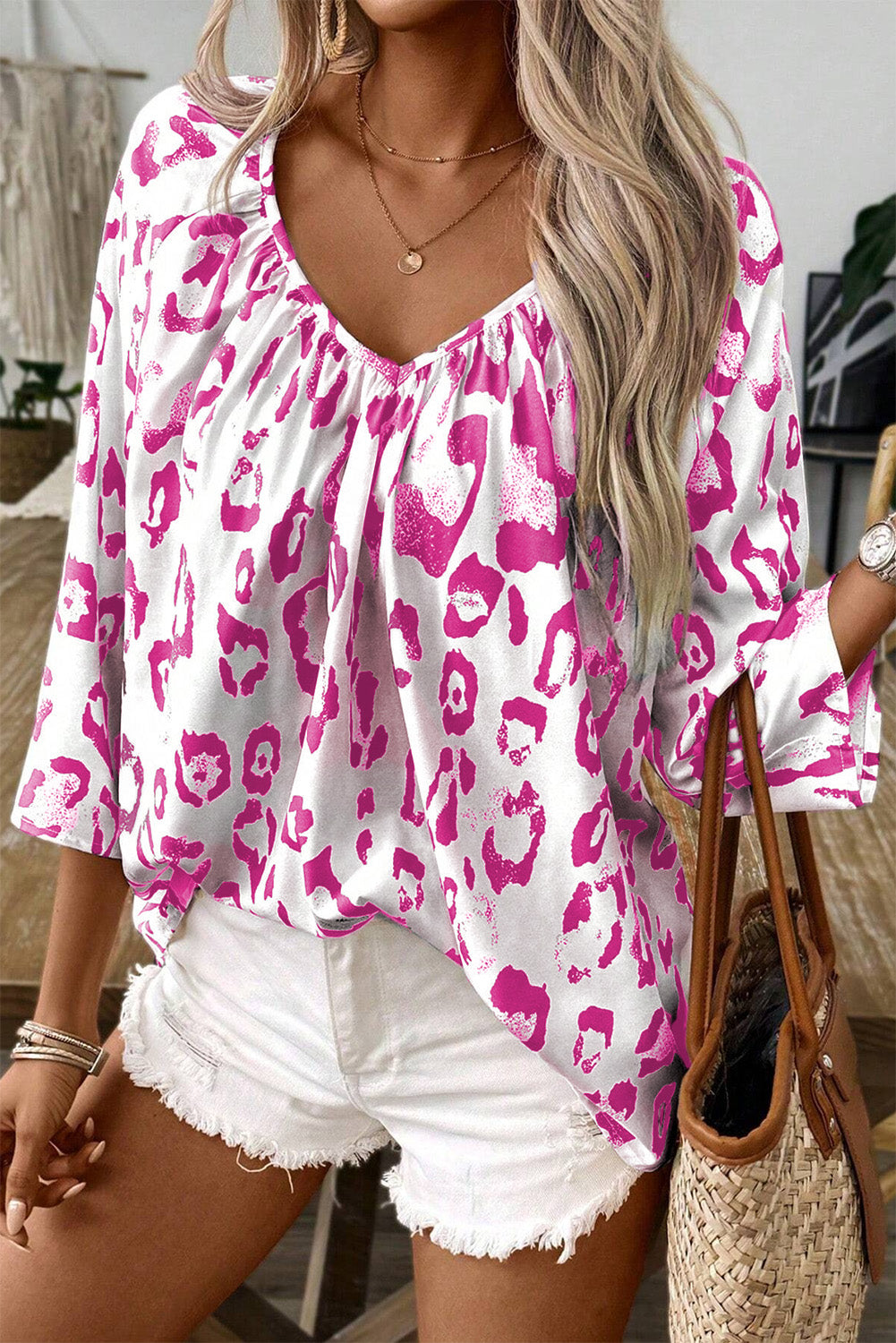 Khaki leopard print blouse with ruched V-neck and 3/4 sleeves, stylish tops by ModestAndDevoted.