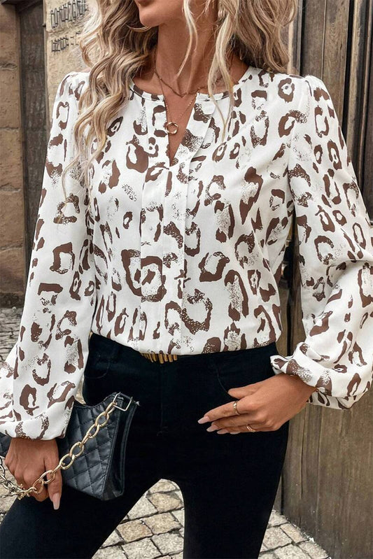 Khaki leopard print split neck balloon sleeve blouse by ModestAndDevoted, stylish top made of polyester with bold print and elegant design.