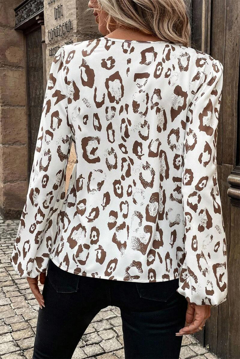 Khaki leopard print split neck balloon sleeve blouse by ModestAndDevoted, made of polyester, stylish top for women.