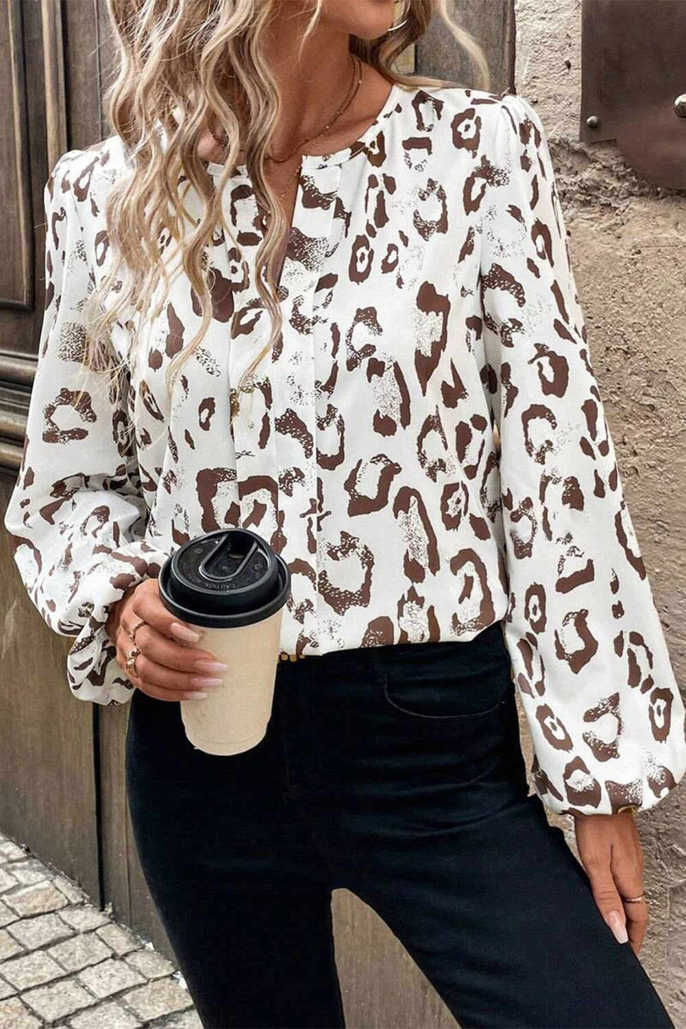 Khaki leopard print balloon sleeve blouse with split neck from ModestAndDevoted, made of polyester, perfect for casual or stylish looks.