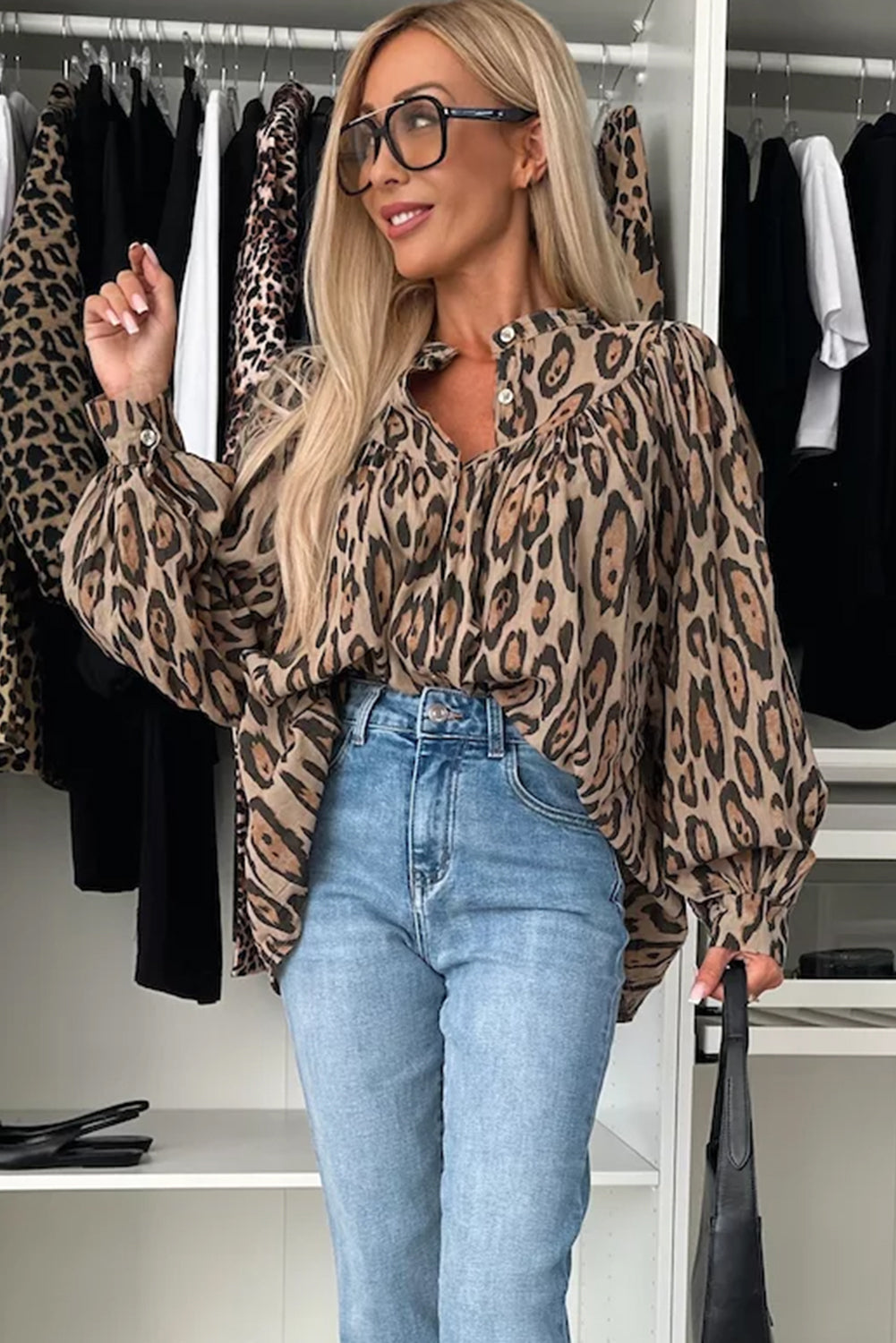 Light French beige oversized blouse with leopard print, balloon sleeves, casual style, by ModestAndDevoted, made of polyester.