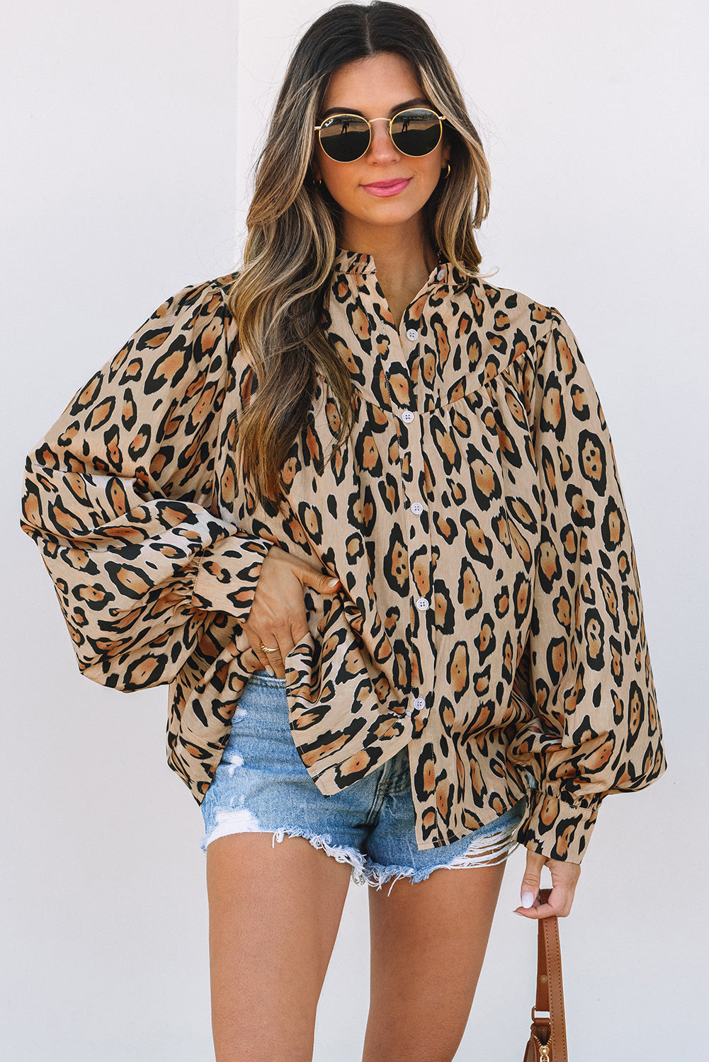 Light French beige oversized leopard print casual shirt with balloon sleeves from ModestAndDevoted, made of lightweight polyester fabric.