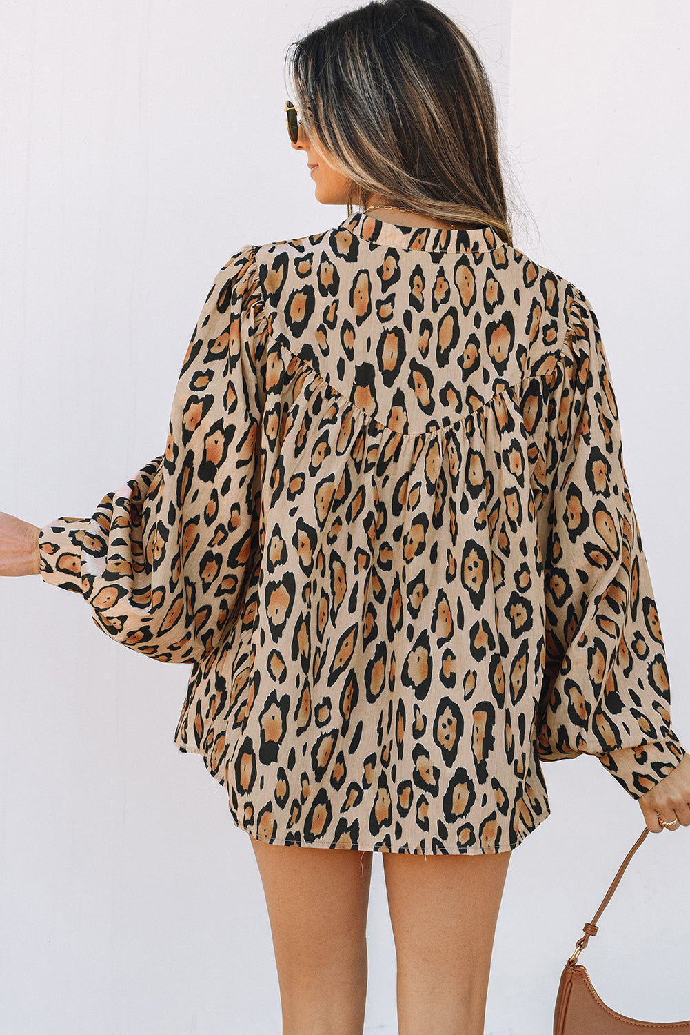 Light French beige oversized leopard print blouse with balloon sleeves by ModestAndDevoted, casual shirt for stylish everyday wear.