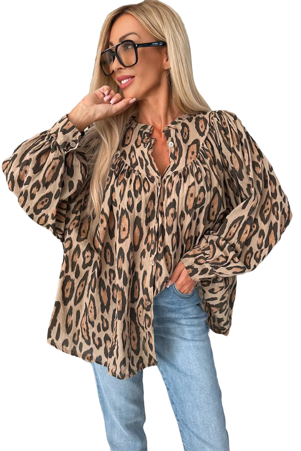 Light French beige oversized leopard print casual blouse with balloon sleeves from ModestAndDevoted, made of lightweight polyester.