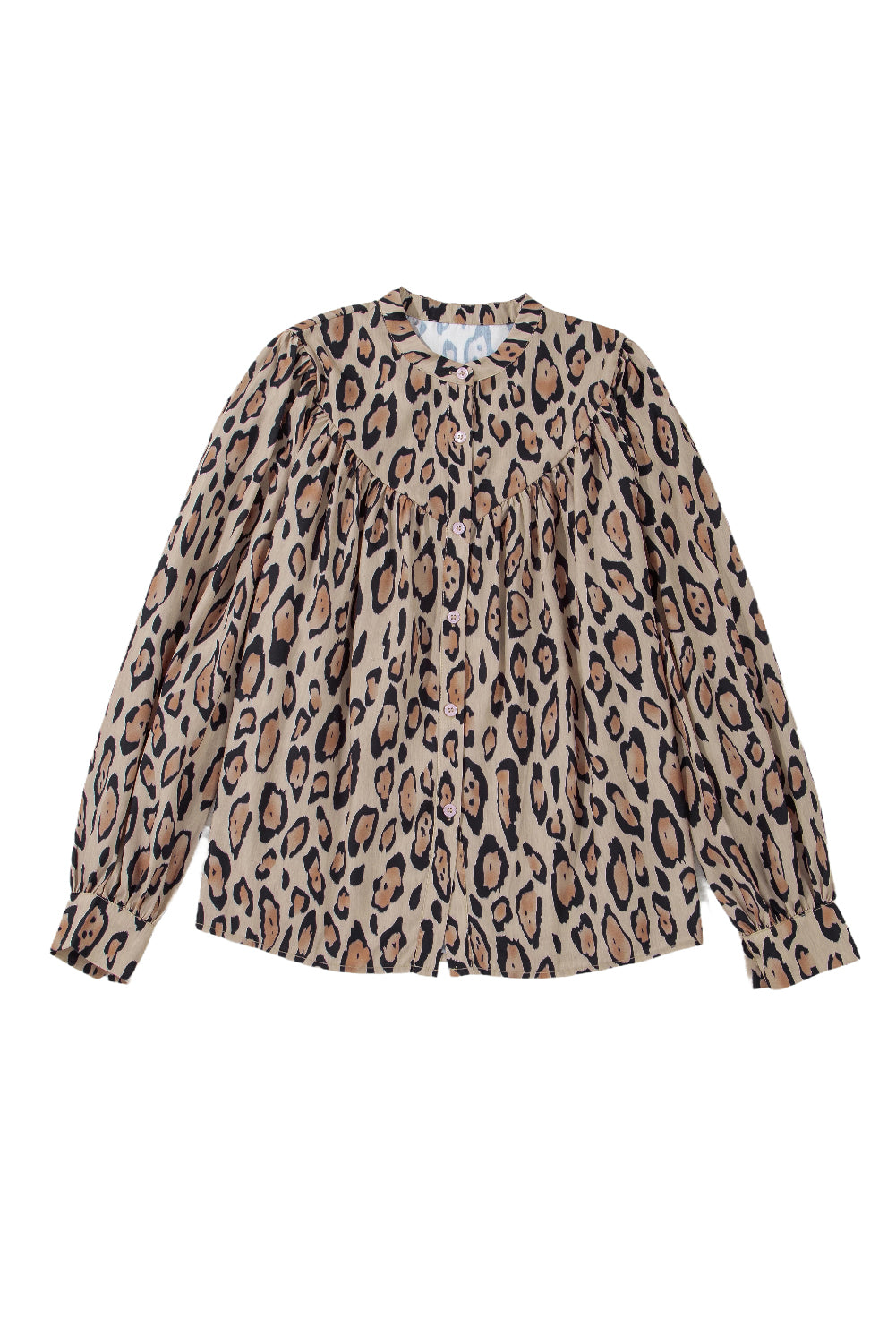 Light French beige oversized blouse with leopard print, balloon sleeves, casual fit, by ModestAndDevoted, made of lightweight polyester.