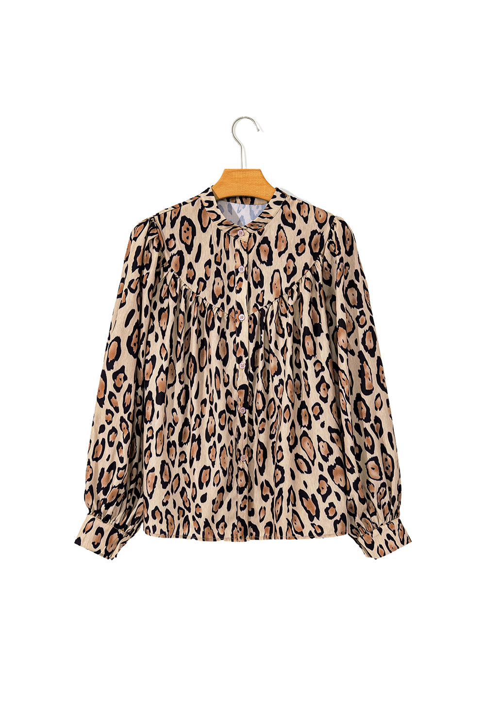 Light French beige oversized leopard print casual shirt with balloon sleeves by ModestAndDevoted, made of lightweight polyester fabric.