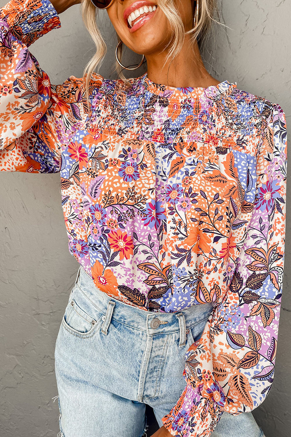 Multicolour floral bishop sleeve blouse by ModestAndDevoted, featuring a frilled round neck and lightweight viscose fabric.