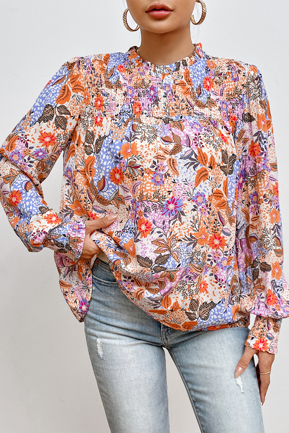 Multicolour floral bishop sleeve blouse by ModestAndDevoted featuring a frilled round neck and 100% viscose fabric.