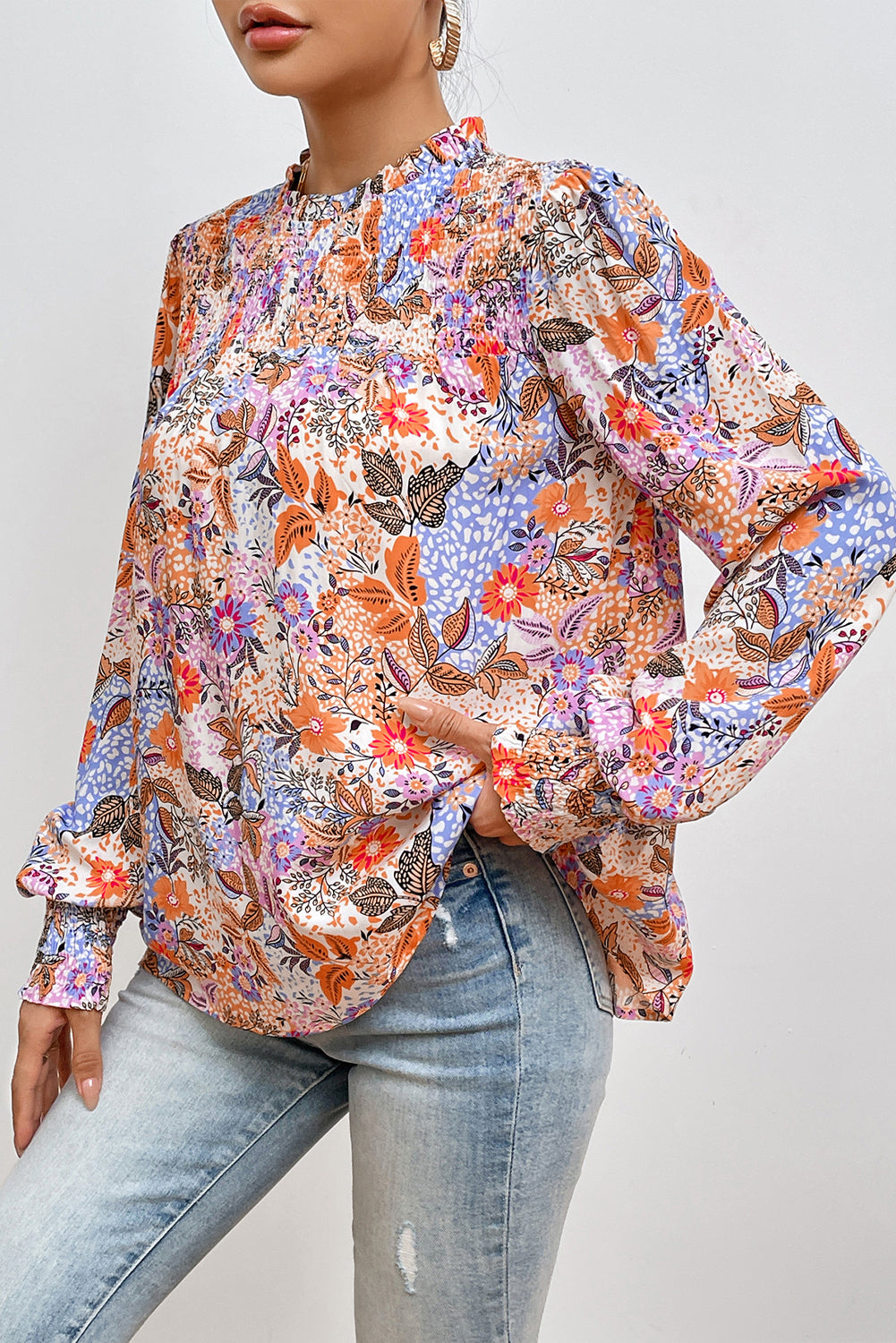 Multicolour floral bishop sleeve blouse with frilled round neck from ModestAndDevoted, made of soft viscose fabric.