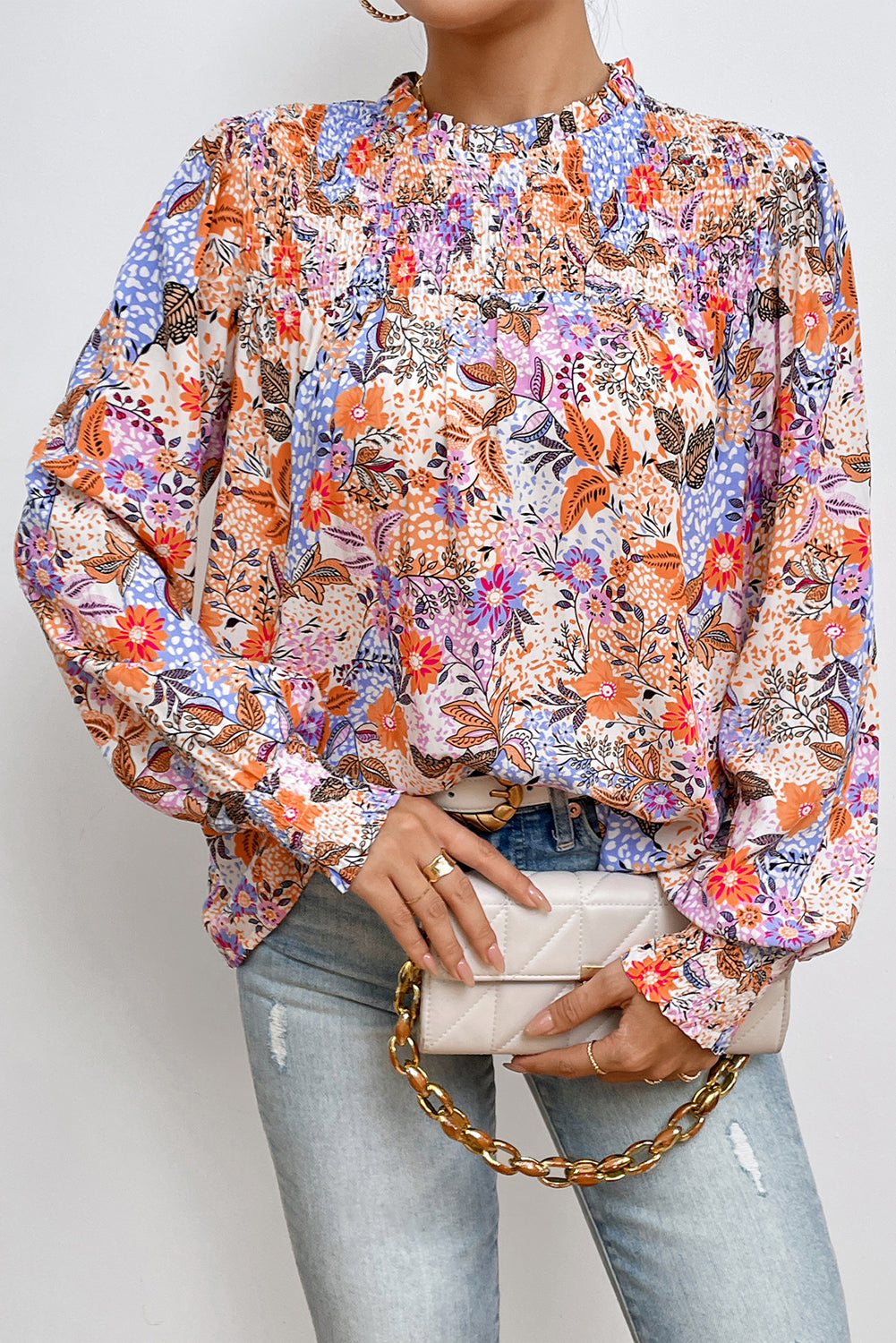 Multicolour floral bishop sleeve blouse by ModestAndDevoted, featuring frilled round neckline and soft viscose fabric.