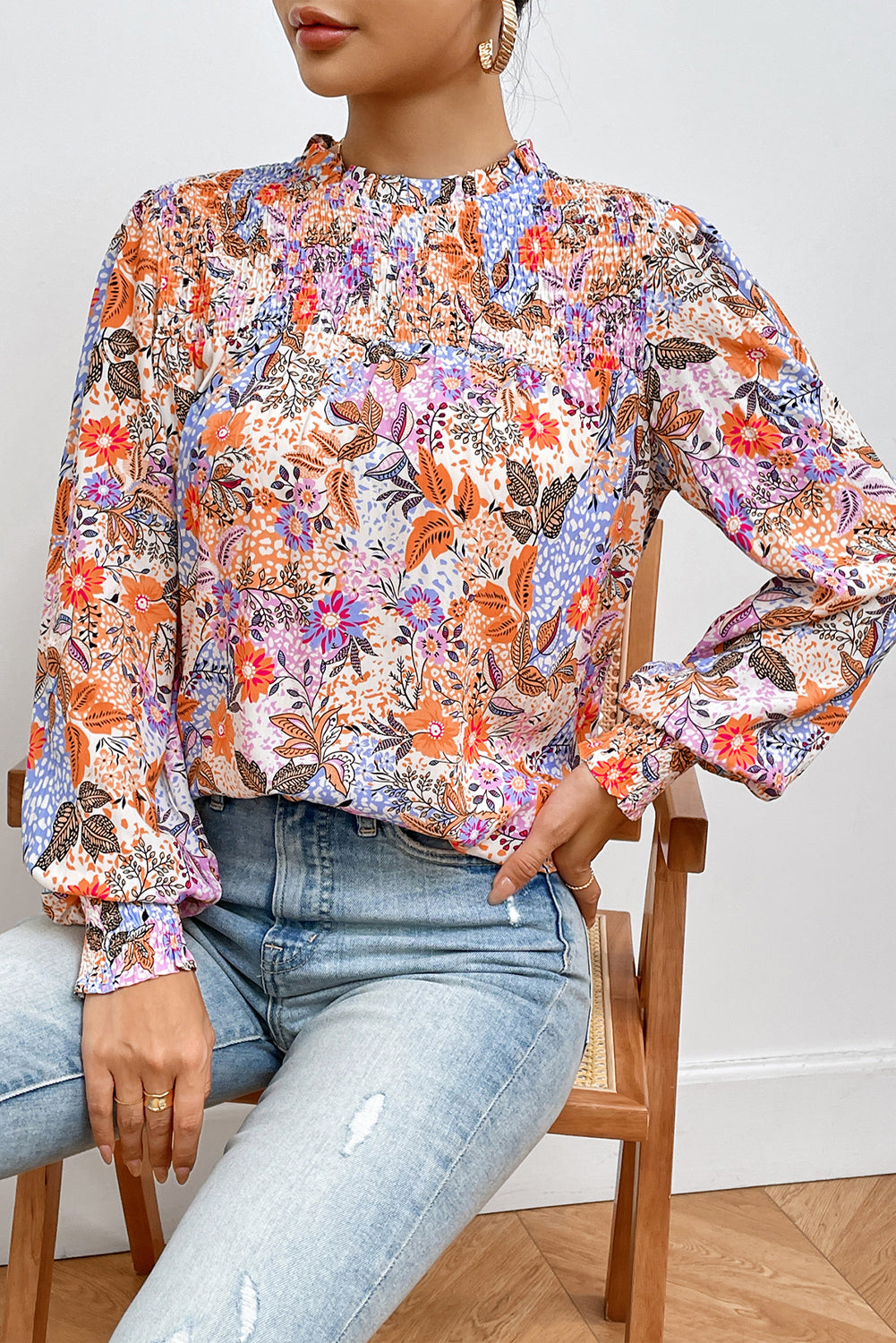 Multicolour floral bishop sleeve blouse from ModestAndDevoted featuring a frilled round neck and 100% viscose fabric.