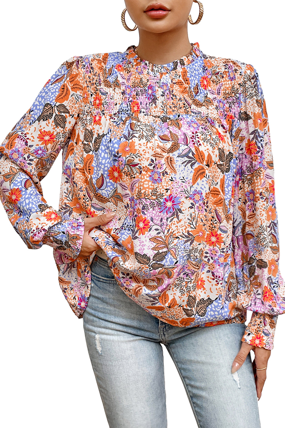 Multicolour floral bishop sleeve blouse with frilled round neck and 100% viscose fabric from ModestAndDevoted.