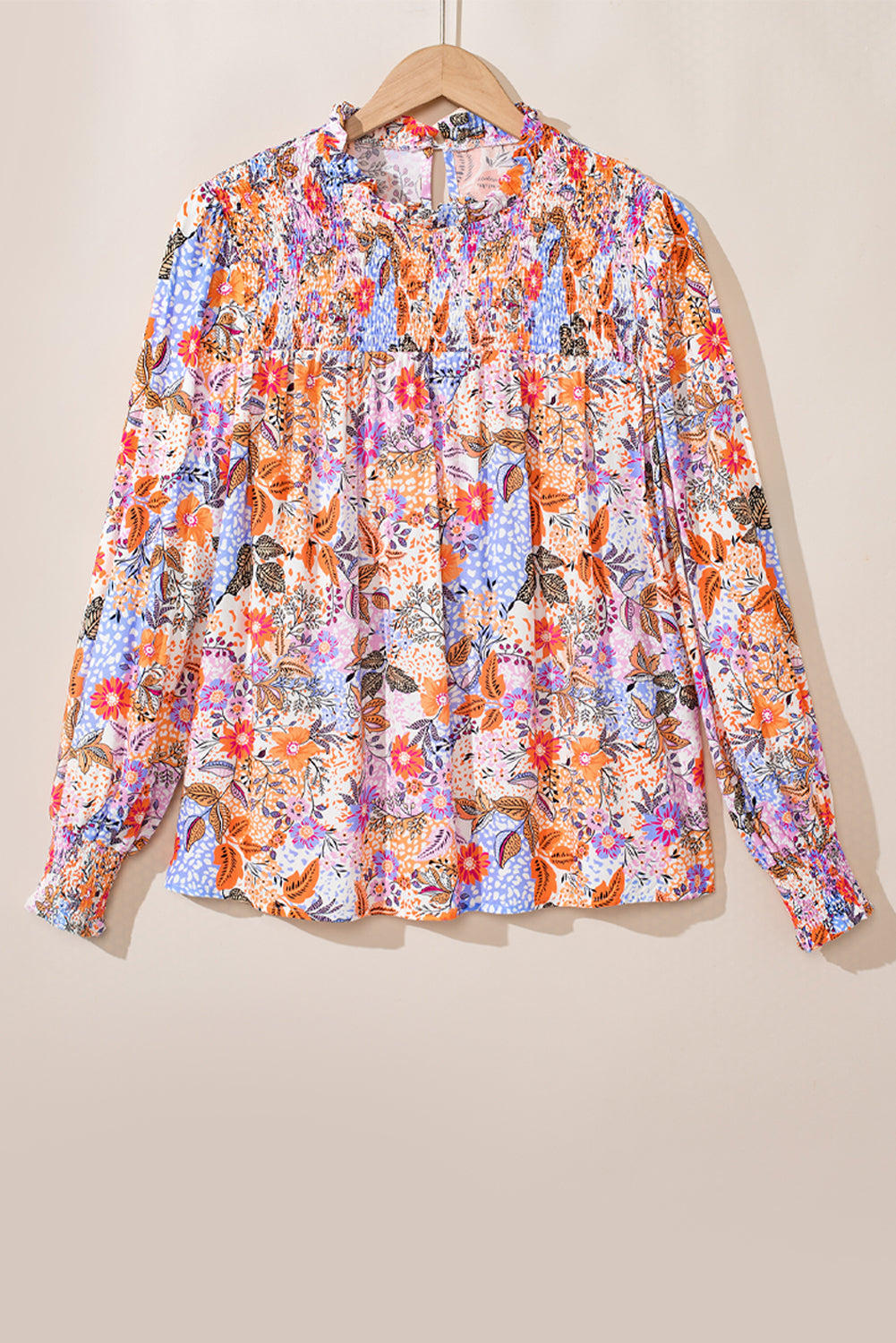 Multicolour floral bishop sleeve blouse by ModestAndDevoted with frilled round neck and 100% viscose fabric, stylish and feminine.
