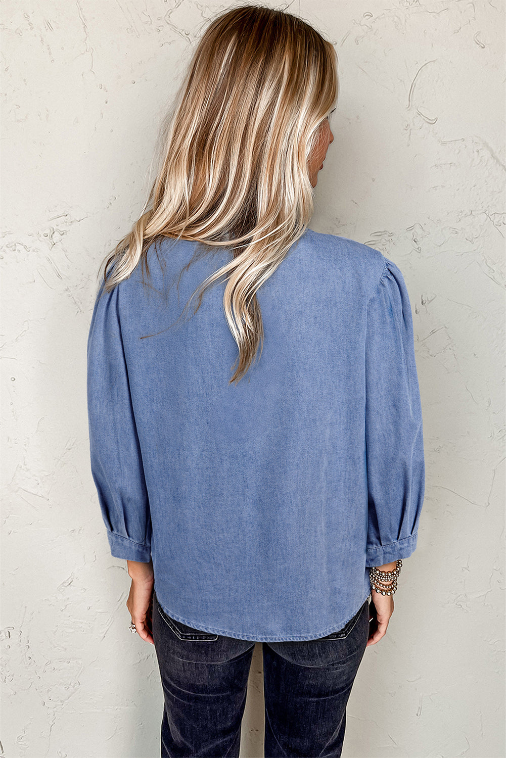Myosotis denim puff sleeve top with front pintuck detail and bow tie, made of cotton-polyester blend, by ModestAndDevoted.